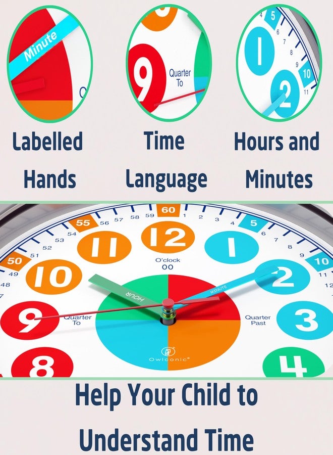 OWLCONIC Kids Clock, Non Ticking Analog Clocks for Learning to Tell Time, Teaching Clock for Kids Wall, Clocks for Classroom, Homeschool Decor, Bedrooms, Silent, Homeschooling Resource. - Image 3